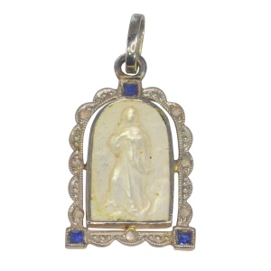 Antique 18K Gold Pendant: A Graceful Tribute to Mother Mary with Diamonds and Sapphires